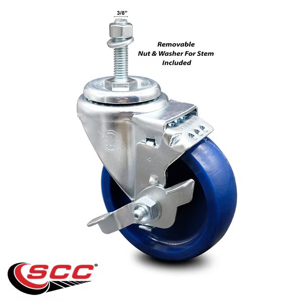 4 Inch Solid Polyurethane Wheel Swivel 3/8 Inch Threaded Stem Caster with Brake, Service Caster, Mfr#: SCC-TS20S414-SPUS-TLB-381615
